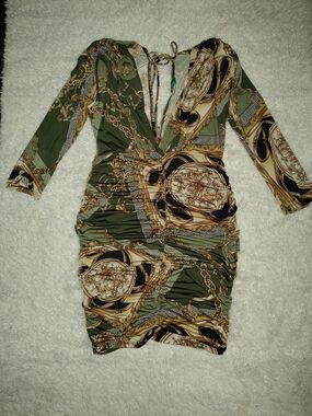 NWOT Olive Green & Gold Print Ruched Women's Dress